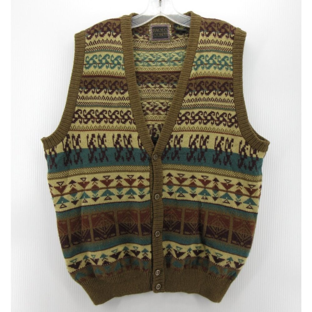 VTG Paolo Conti Sweater Large Vest Wool Cardigan Southwestern Aztec